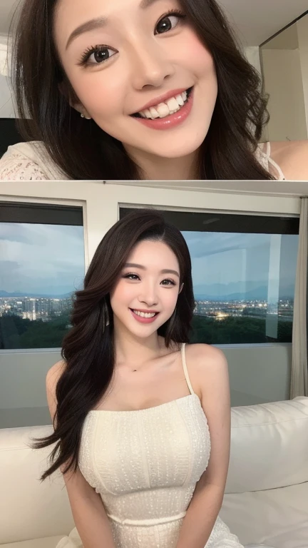 ((top-quality、masutepiece、8K、Top image quality、Hyper-Realism， full body)) The Biggest Smile、white big teeth、korean idol makeup、long eyelashes、View me、smile your best smile, Bright lighting, hyper realistic, photoreal, sweet dress, perfect make up, travel,  romantic big curl