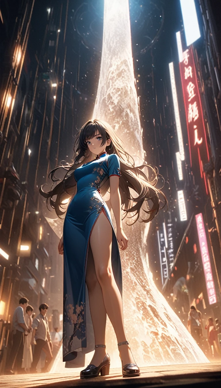 Cheongsam Girl,Long Hair,Pure white background,Depth of written boundary,Low angle view,Calf Level View,Overclocked Renderer,Cinema Lighting,Ultra-fine,Very detailed,complicated,Cinematic Perspective,CG Art,