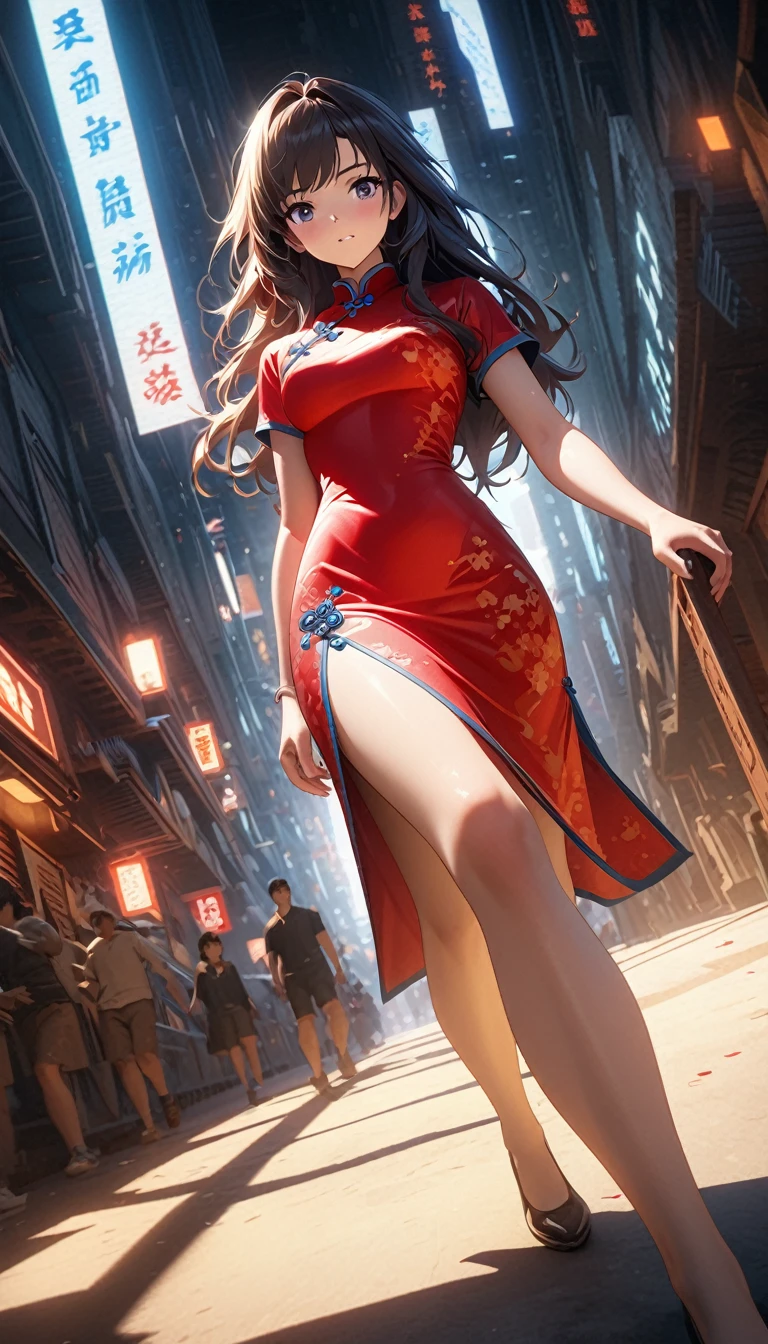 Cheongsam Girl，Long Hair，Pure white background，Depth of written boundary，Low angle view，Calf Level View，Overclocked Renderer，Cinema Lighting，Ultra-fine，Very detailed，complicated，Cinematic Perspective，CG Art，