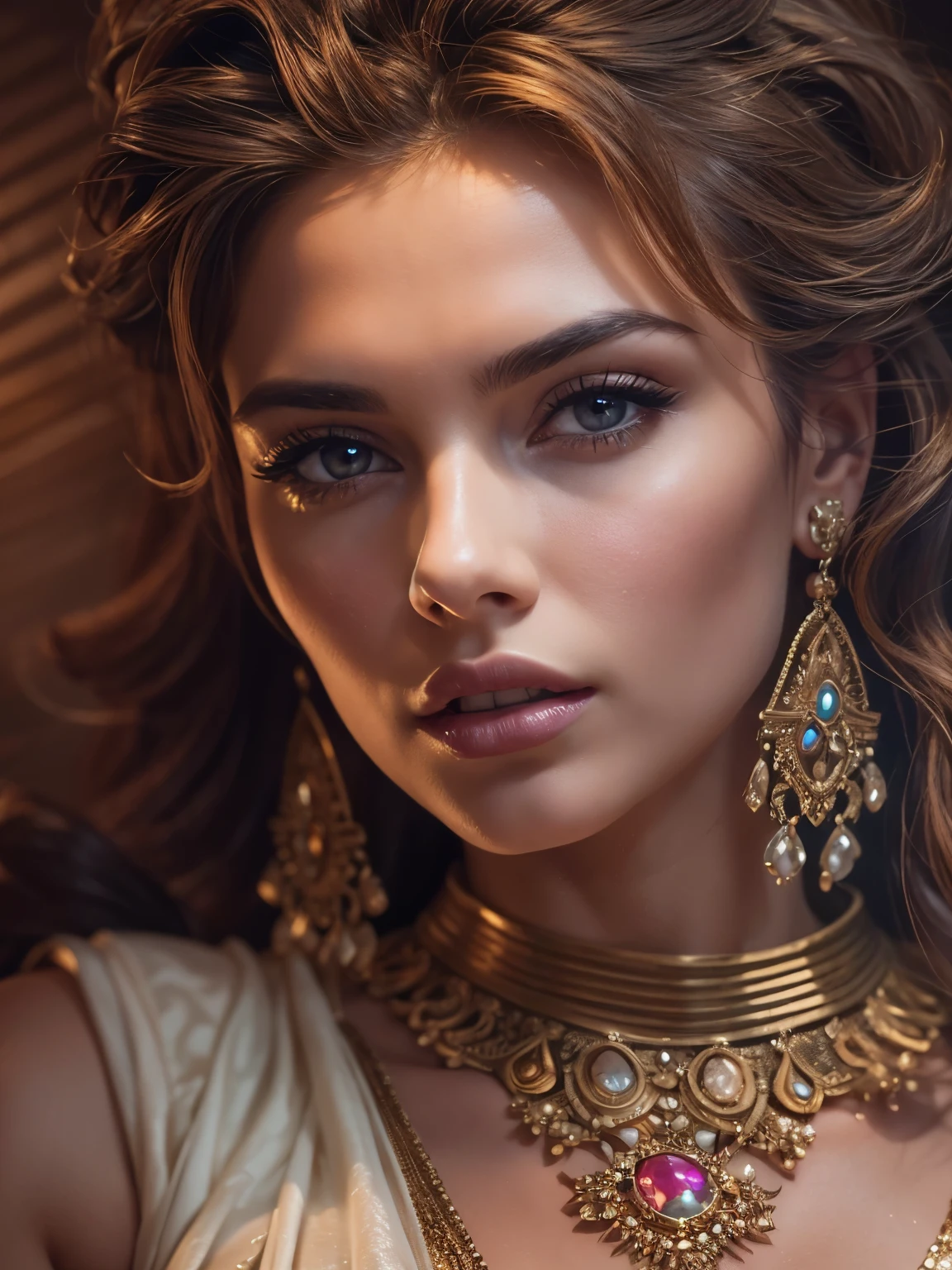 A beautiful woman with an elegant neckline and prominent cleavage, extreme closeup, stunning details, photorealistic, masterpiece, 8k, highly detailed, intricate, cinematic lighting, dramatic chiaroscuro, warm color tones, porcelain skin, flawless complexion, alluring gaze, seductive expression, luxurious jewelry, hyper-realistic, exquisite textures, mesmerizing beauty