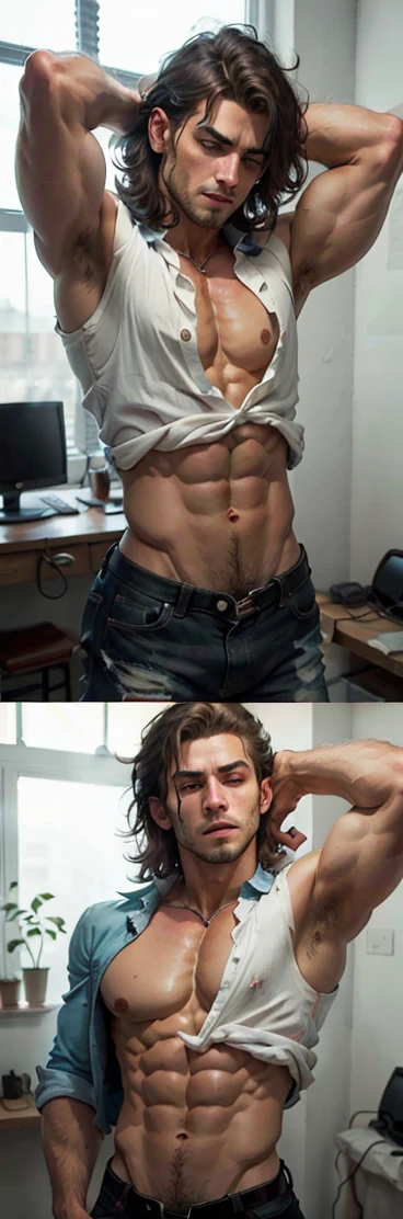 Remove the blouse and add muscles to the image.