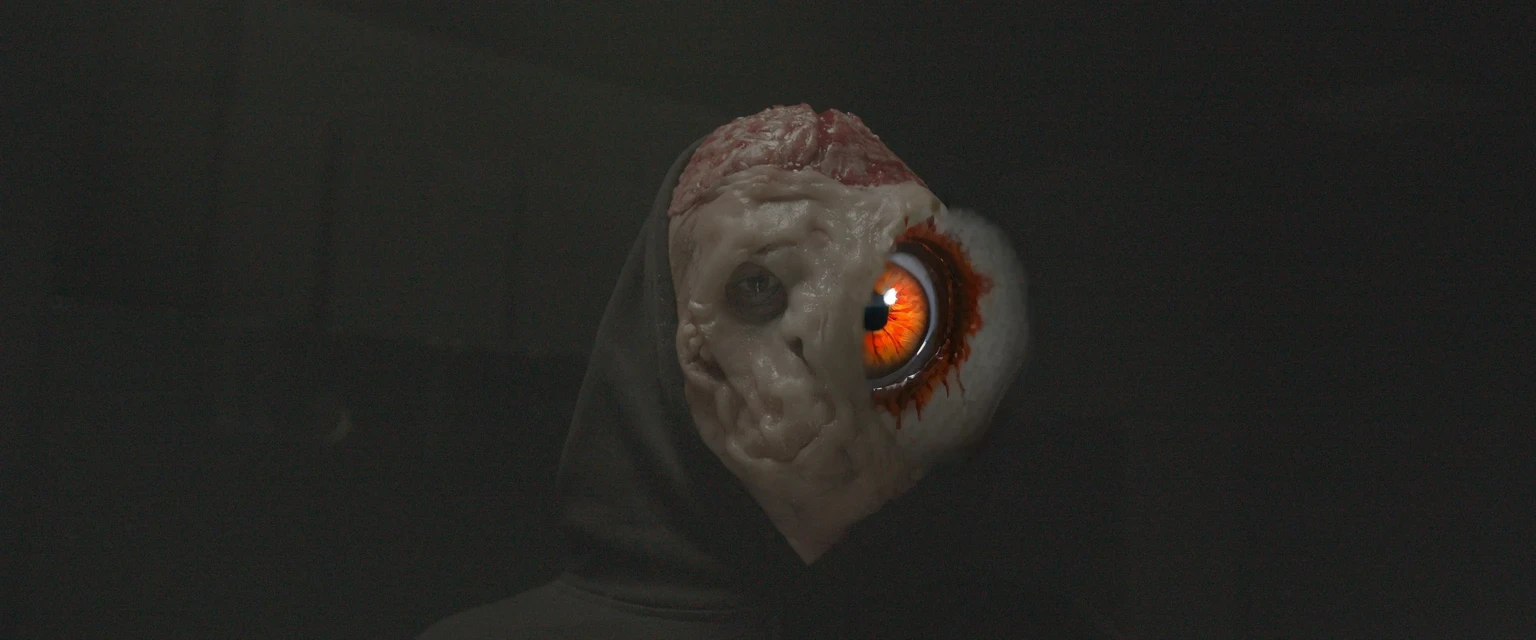 inpaint an eyeball of a monster with capillaries, blood, red and orange colors, silver pupil, scary, photorealistic