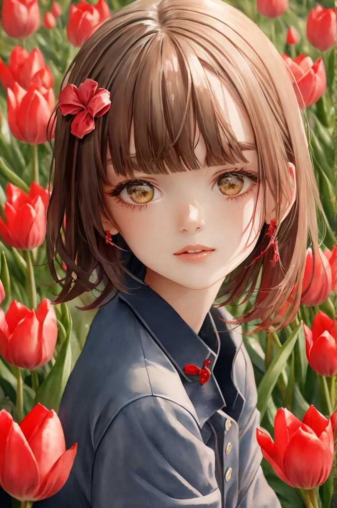 (Highest quality)(Masterpiece)(Detailed face)Girl sitting among red tulips