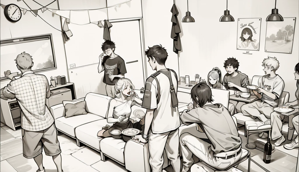 There is a group of teenagers at a party, they are singing and eating, laughing.