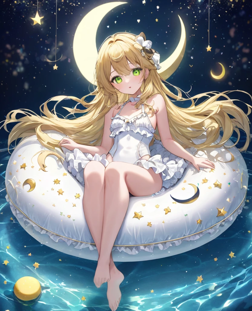 (masterpiece, best quality:1.2), (absurdres, highres, ultra-detailed), (perfect anatomy), 
Beautiful woman、Night Pool、Riding on a cute float、Blonde、Fluffy longhair、Yellow-green eyes、Background glitter、night、Crescent Moon、heart、White frilly swimsuit

(8K, RAW photo:1.2),detailed face and eyes,intricate detail ,masterpiece ,sharp focus, high quality,BREAK,rating: general, newest