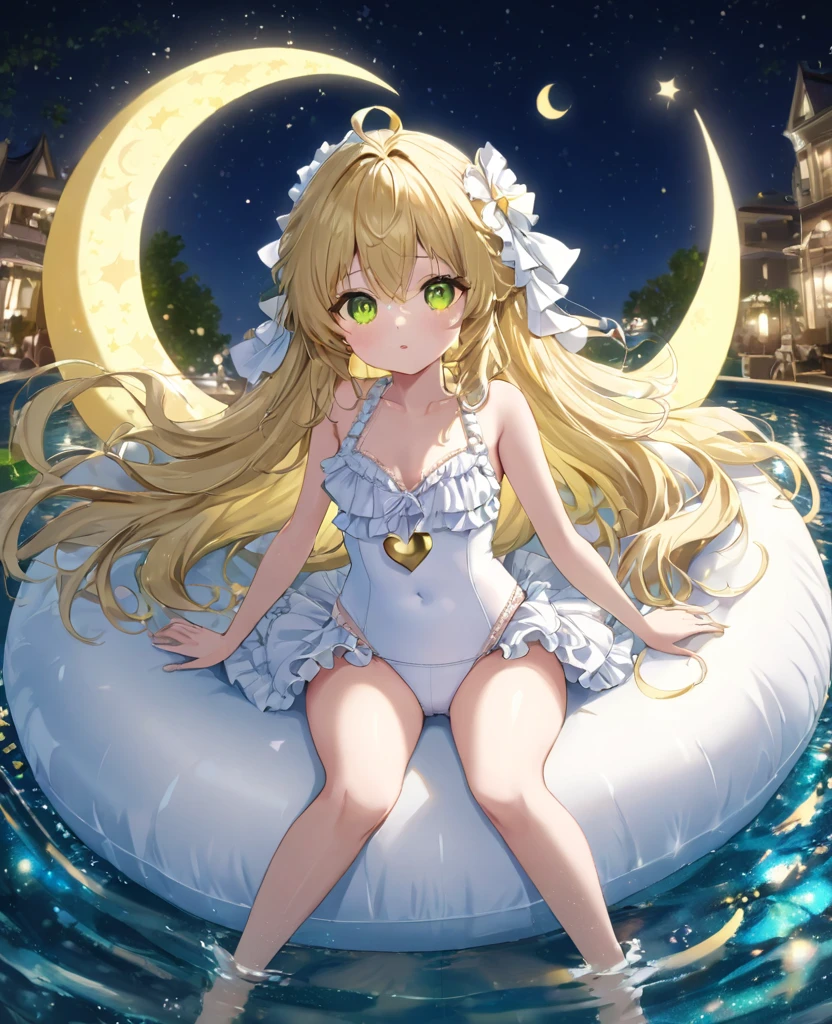 (masterpiece, best quality:1.2), (absurdres, highres, ultra-detailed), (perfect anatomy),
Beautiful woman、Night Pool、Riding on a cute float、Blonde、Fluffy longhair、Yellow-green eyes、Background glitter、night、Crescent Moon、heart、White frilly swimsuit
(8K, RAW photo:1.2),detailed face and eyes,intricate detail ,masterpiece ,sharp focus, high quality,BREAK,rating: general, newest