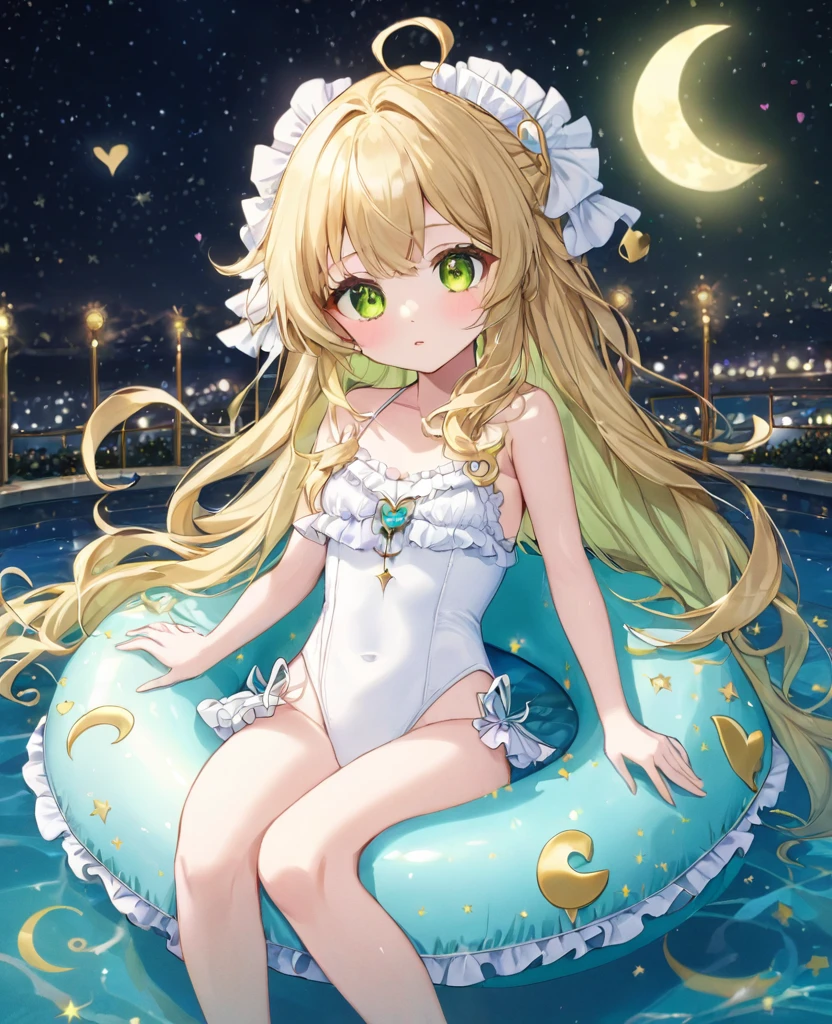(masterpiece, best quality:1.2), (absurdres, highres, ultra-detailed), (perfect anatomy), 
Beautiful woman、Night Pool、Riding on a cute float、Blonde、Fluffy longhair、Yellow-green eyes、Background glitter、night、Crescent Moon、heart、White frilly swimsuit

(8K, RAW photo:1.2),detailed face and eyes,intricate detail ,masterpiece ,sharp focus, high quality,BREAK,rating: general, newest