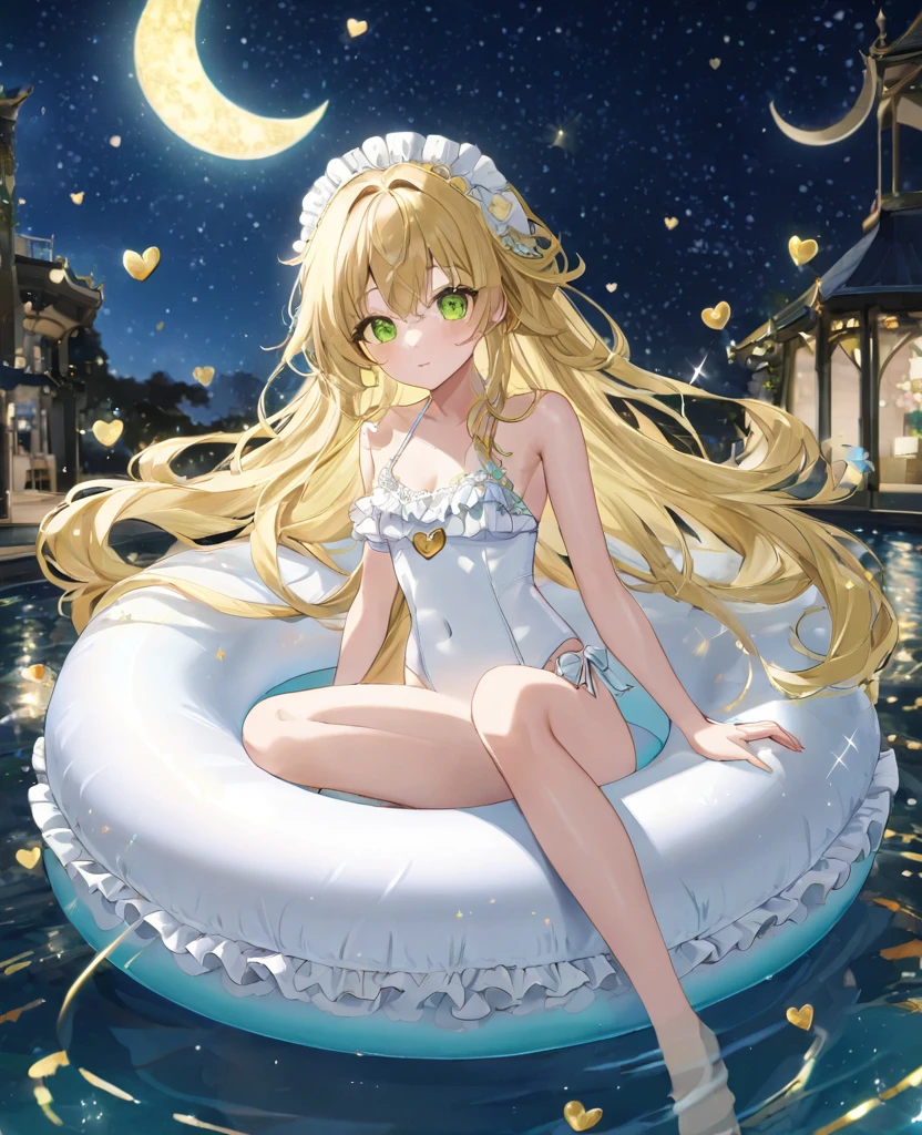 (masterpiece, best quality:1.2), (absurdres, highres, ultra-detailed), (perfect anatomy),
Beautiful woman、Night Pool、Riding on a cute float、Blonde、Fluffy longhair、Yellow-green eyes、Background glitter、night、Crescent Moon、heart、White frilly swimsuit
(8K, RAW photo:1.2),detailed face and eyes,intricate detail ,masterpiece ,sharp focus, high quality,BREAK,rating: general, newest
