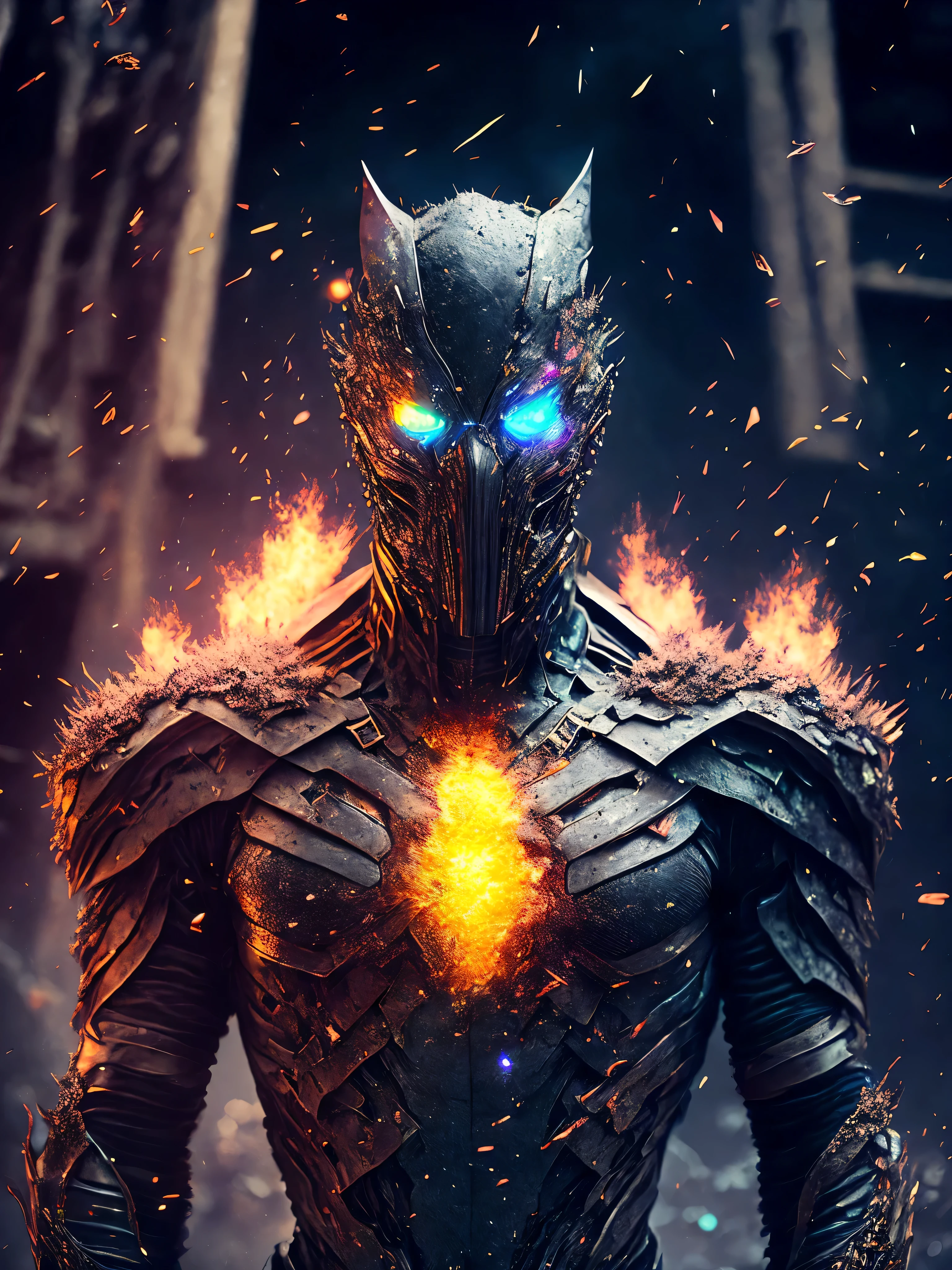 breathtaking cinematic science fiction photo of a full body of a non-human masked supervillain made of ashes,  body full of falling ashes and glowing metrics inside, glowing multicoloured eyes, multifaceted eyes, metallic arms, inside a destroyed building, extremely menacing creature, highly detailed, award-winning