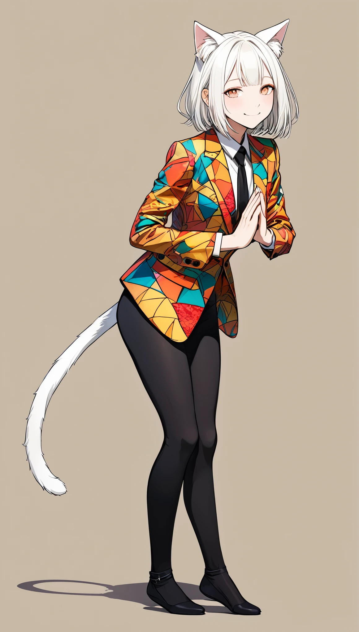 in style of Santiago Caruso,
1girl,short white hair,white cat ears,white cat tail,leaning_forward,solid color background,(stand:1.8),dsmile,press down on your hands,black_leggings,no human ears,colorful printed suits,