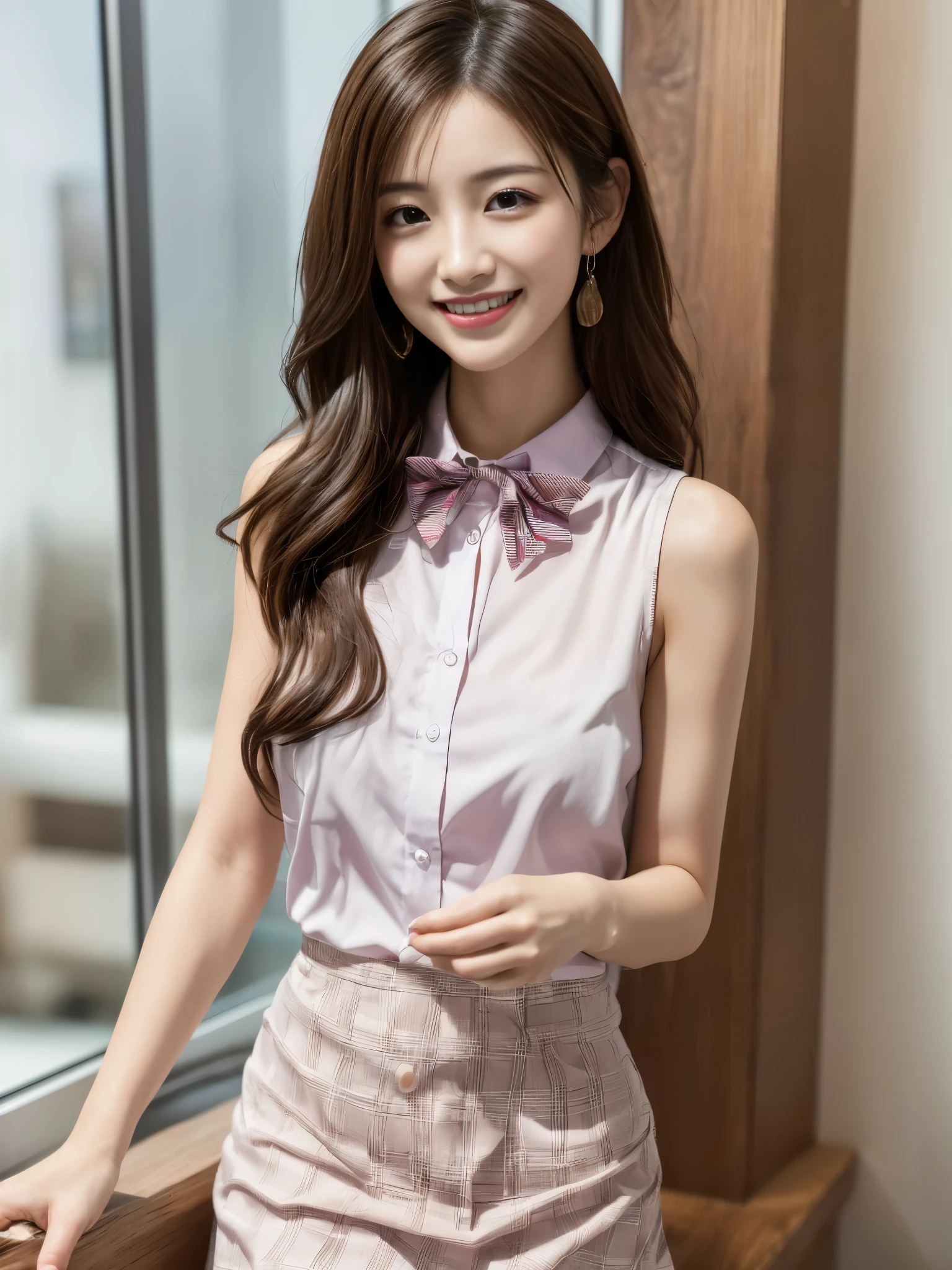 (Highest quality, masterpiece:1.2), Highest quality, High resolution, 8K, 日本の可愛いお嬢様のような高貴で知的なFemale Idolsが催眠術をかけられてクスクス笑っている, so sweet, Very noble, 可愛くてきれいな日本のFemale Idols, ((((24-years-old, Female Idols)))), Shiny唇, ((Very beautiful smiling brown droopy eyes)), (Very large, Shiny, The wide yellow ribbon bow tie on her chest is very cute.)., ((Very detailed and beautiful long straight hair)), (((Pink sleeveless blouse))), (Neat sleeveless blouse uniform), Very shiny, Shiny唇, Open hand over open mouth, Beautiful hair like a hair model, ((Red checked pleated mini skirt)), Watch and laugh at your audience, ((Beautiful skin and face)), ((Pure, clear, gentle smiling eyes)), Long eyelashes, ((Smile at me)), Shiny肌, ((Noble and elegant)), ((Look directly at the viewer)), Perfect Anatomy