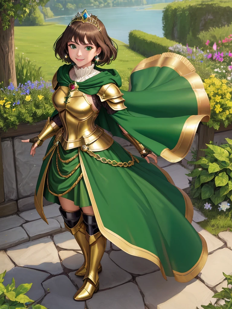 masterpiece, best quality:1.2), 1girl, smile, looking at viewer, green eyes, short brown hair, princess, armor, , pauldrons, armored dress, green cloak cape, wearing puffy blue ballgown skirt, golden tiara with green gem, armored boots, fingerless gloves, standing in medieval garden