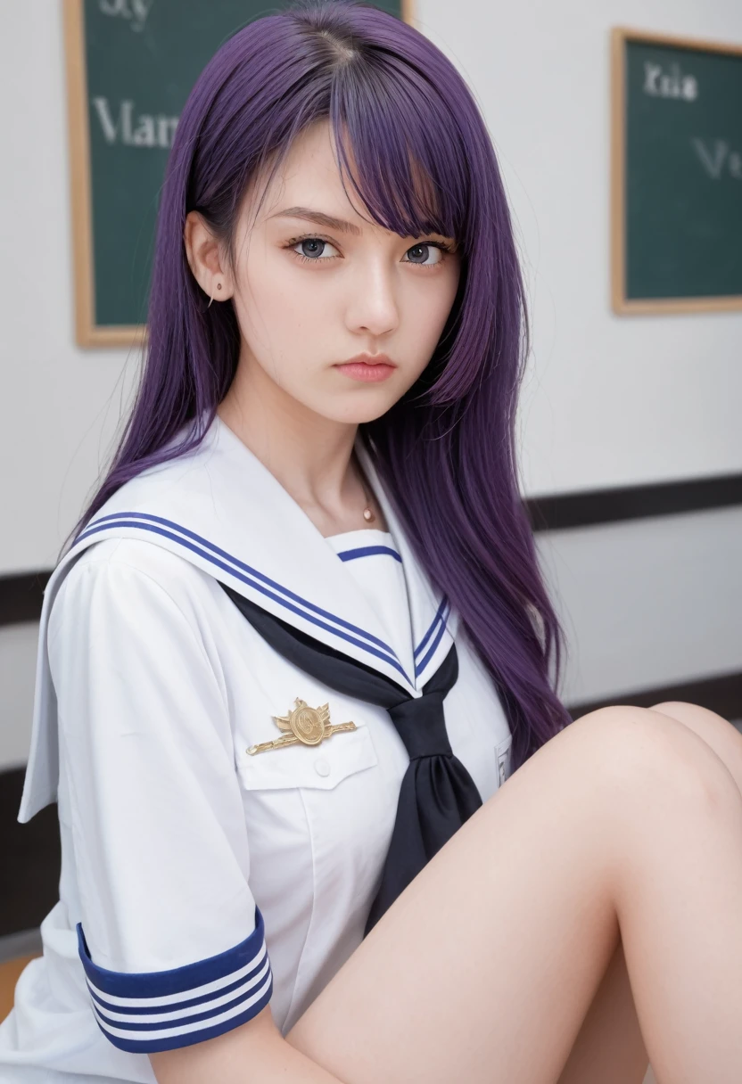 A man in a sailor suit、An 18-year-old young woman with long purple hair sits in a classroom (School 1.5 In the background) (Serious expression, Cold 1.5) (best quality: 1.1) (masterpiece: 1.3) with an unparalleled masterpiece, Surreal 8K, Perfect work of art, Super Detail, best quality, masterpiece 4K wallpaper aesthetics, masterpiece, Award-winning works, Official Art, light