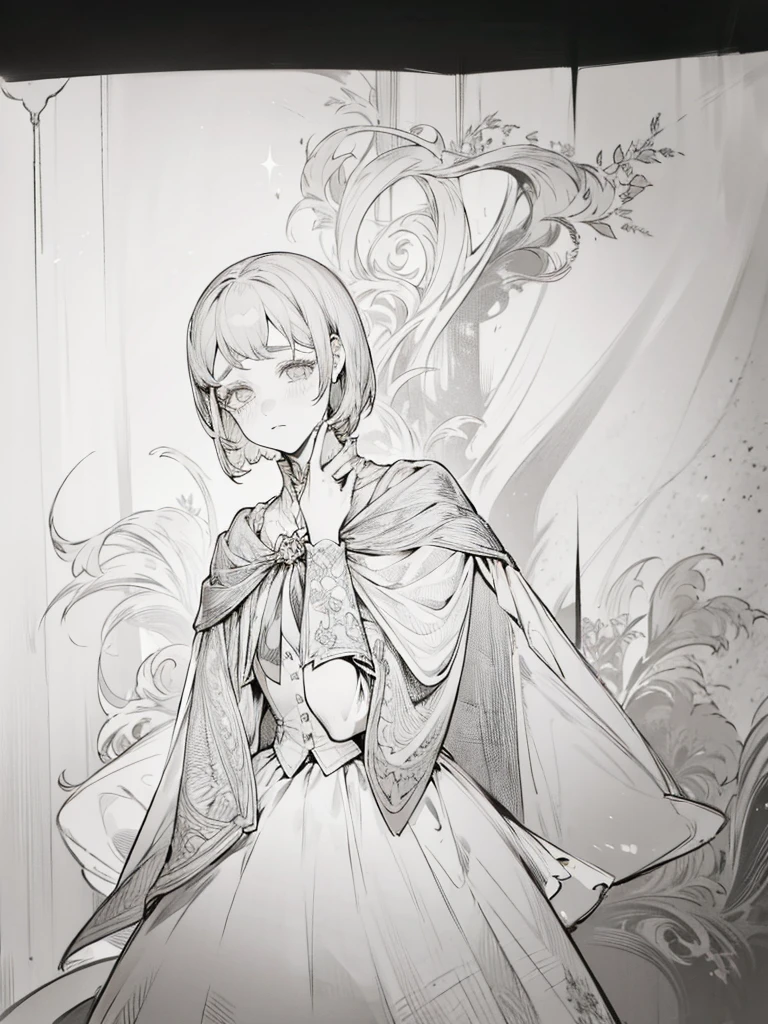 A handsome girl,Short hair,Lacrimal nevus,Look up,Cape,Dark circles under eyes,Black hair,Tie, Dress,Light and shadow