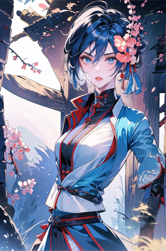 Masterpiece, Best quality, 1 Ji Ruxue, the expression is cold, strong, blue eyes, short hair, wolfcut hairstyle, smoky mix blue color hair, resolute eyes, red lips, simple Taoist Taoist uniform, Chinese mix morden, frontal photo, black or white background, simple background, anime, illustration, Chinese style short-sleeved shirt, cool girl, Full body frontal photo, full HD