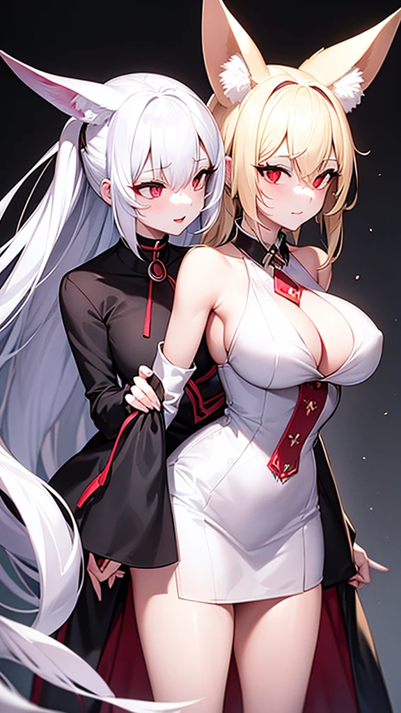 An adult woman, half fennec fox, white hair, red eyes, wide breasts, very cute, standing, in a black dress