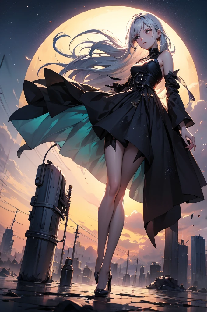 atmosfera dark black the noite chuvoso sombria in anime 4D tinta óleo A post-apocalyptic Fallout-themed magazine cover illustration power fenix girl very sexy blond Arlequina+ Elza frozen ice power immersed in the resplendence of the setting sun, in surreal Ghibli-style watercolor, she finds her gaze projected towards a color-saturated cityscape on the horizon, aesthetic elements borrowed from the likes of urban flora emerging sparsely suggesting an atmosphere of desolation yet intriguing, motion stilled