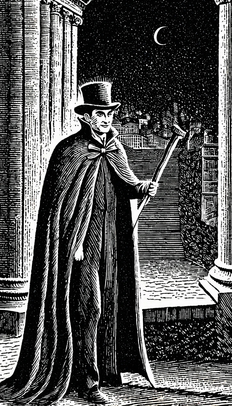 (Black and white woodcut:1.5)、(Second floor in black and white.)、foreground, dark and sinister atmosphere, face of a slim man wearing dark glasses, top-hat, and a black cape, with a black bow on the neck, smiling, holding a wooden stake and mallet, typical vampire hunt of the time, in a pantheon at night,  Mysterious、