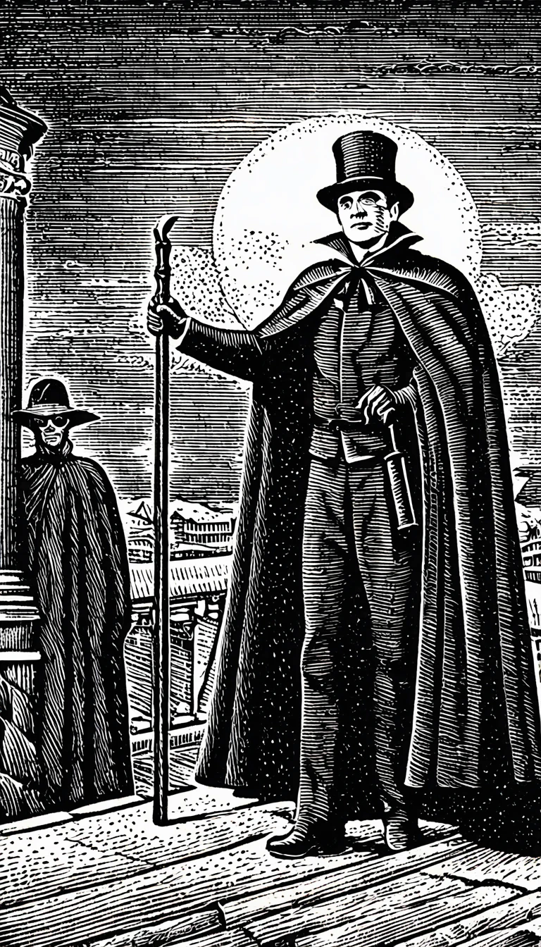 (Black and white woodcut:1.5)、(Second floor in black and white.)、foreground, dark and sinister atmosphere, face of a slim man wearing dark glasses, top-hat, and a black cape, with a black bow on the neck, smiling, holding a wooden stake and mallet, typical vampire hunt of the time, in a pantheon at night,  Mysterious、