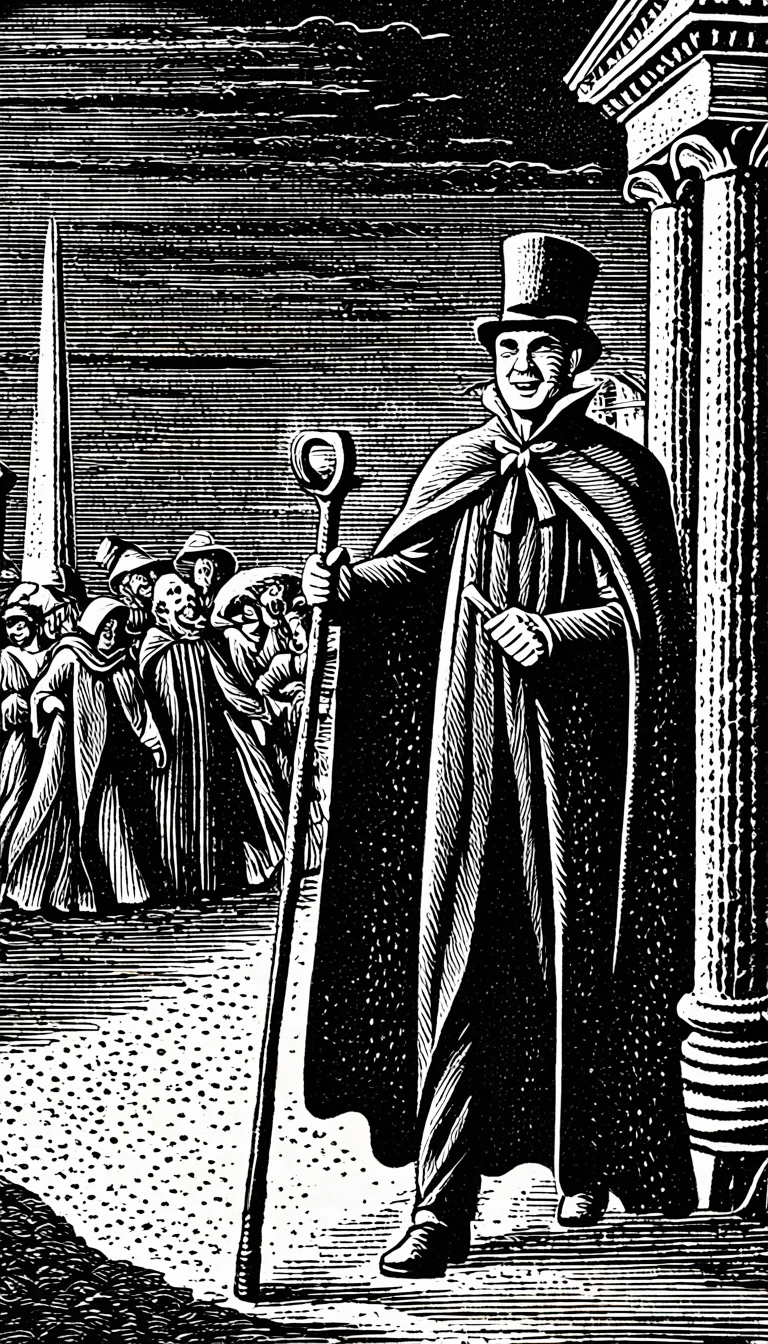 (Black and white woodcut:1.5)、(Second floor in black and white.)、foreground, dark and sinister atmosphere, face of a slim man wearing dark glasses, top-hat, and a black cape, with a black bow on the neck, smiling, holding a wooden stake and mallet, typical vampire hunt of the time, in a pantheon at night, Mysterious、