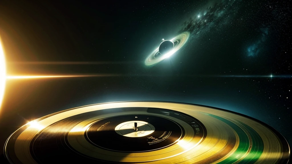 Poster Style，Green frosted background，Vinyl record combined with clock，The record is in the center of the screen.，Front view，Half vinyl record, half clock，Reflecting the sense of time and space，English title golden text effects，There is a halo of light around the record similar to a black hole，Extremely high definition picture quality，quality，Real texture，No sense of space