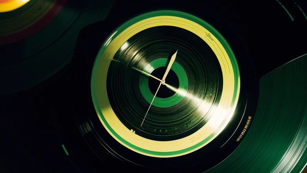 Poster Style,Green frosted background,Vinyl record combined with clock,The record is in the center of the screen.,Front view,Half vinyl record, half clock,Reflecting the sense of time and space,English title golden text effects,There is a halo of light around the record similar to a black hole,Extremely high definition picture quality,quality,Real texture,No sense of space