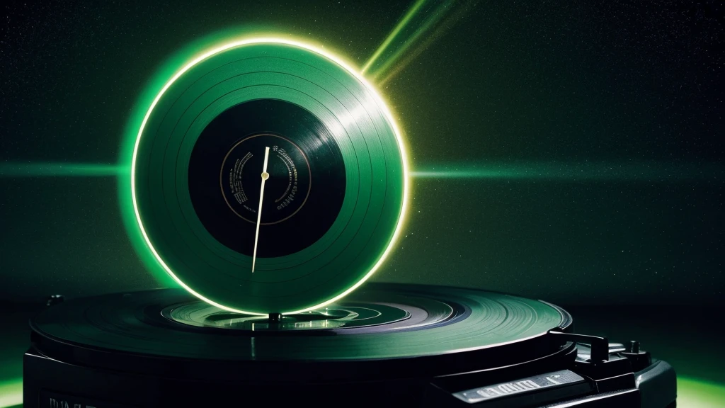 Poster Style，Green frosted background，Vinyl record combined with clock，The record is in the center of the screen.，Front view，Half vinyl record, half clock，Reflecting the sense of time and space，English title golden text effects，There is a halo of light around the record similar to a black hole，Extremely high definition picture quality，quality，Real texture，No sense of space