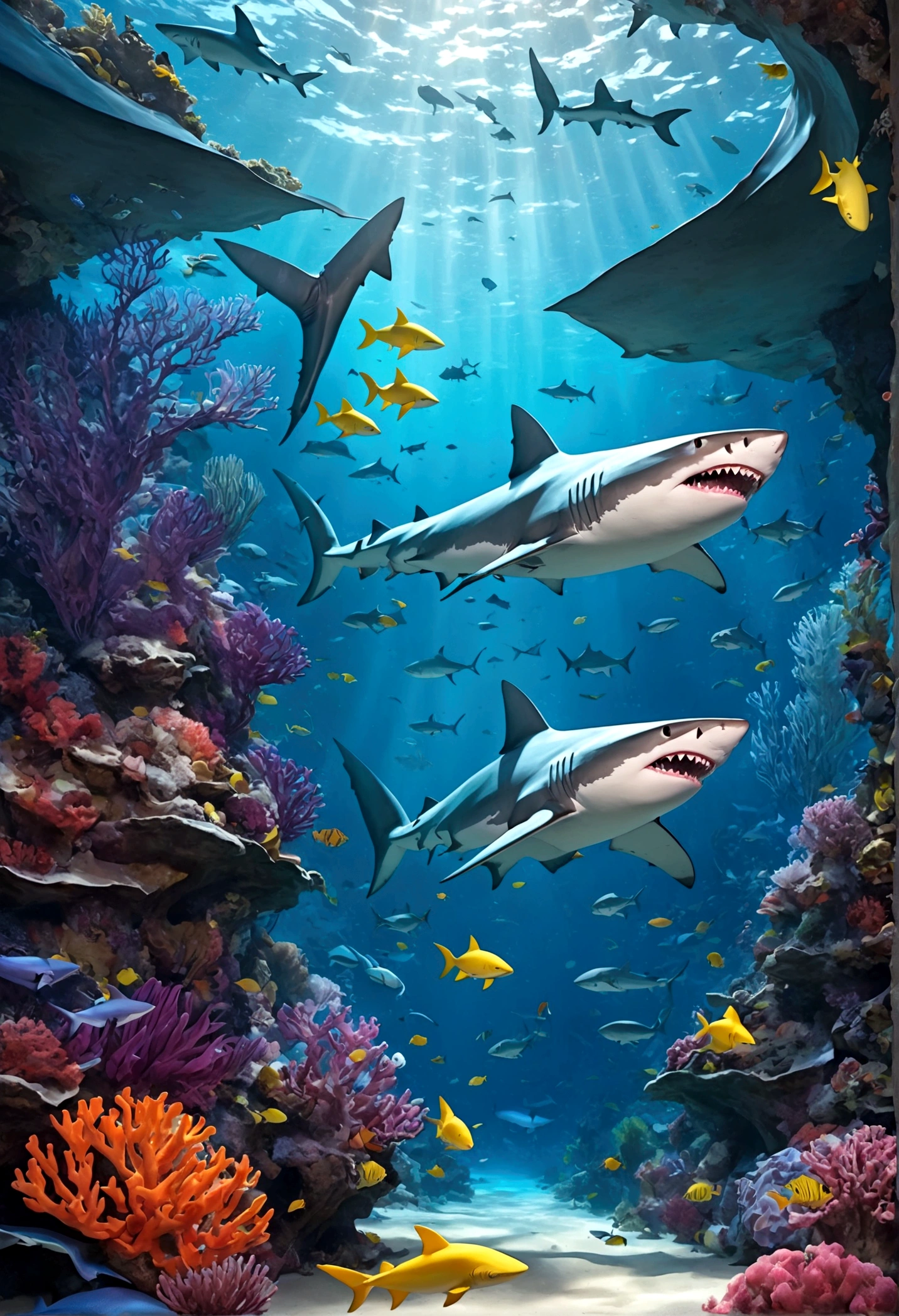 Fantasy Undersea,Shark elf girl has a shark-like appearance,blue eyes,Sharp fangs,Squamous skin, Shark fin feature on back,Perfect proportion, Beautiful Body,View from behind,,Floating in seaweed underwater fantasy scene, coral, And tropical fish, Detailed and realistic 3D rendering, light, Bright colors, Concept art style