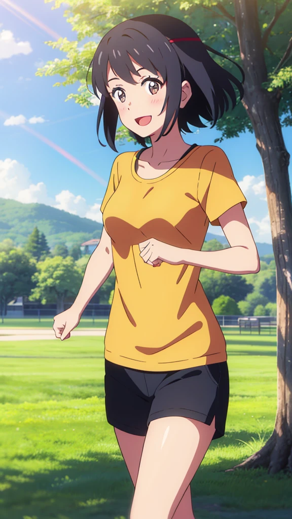 shinkai makoto, kimi no na wa., 1girl, bangs, black hair, blush, bright eyes, brown eyes, looking at the viewer, red headband, casual clothes, white t-shirt, black shorts, short hair, medium breasts, solo, day, outdoors, shinny skin, smile, happy, :D, blue_sky, sunlight, summer_season, scenery park, jogging, wind, tree
