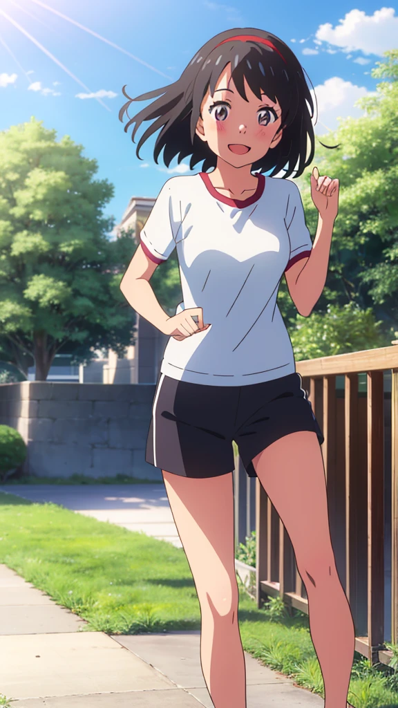 shinkai makoto, kimi no na wa., 1girl, bangs, black hair, blush, bright eyes, brown eyes, looking at the viewer, red headband, casual clothes, white t-shirt, black shorts, short hair, medium breasts, solo, day, outdoors, shinny skin, smile, happy, :D, blue_sky, sunlight, summer_season, scenery park, jogging, wind, tree