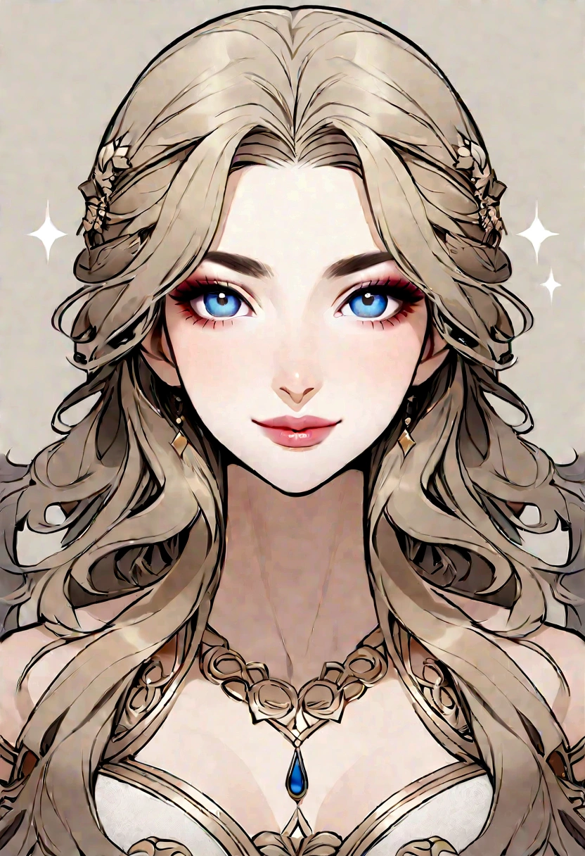 Create an ultra-realistic image of a young woman named Luna Enchant. She is 24 years old and of European descent. She has clear, fair skin with a natural glow, and long, wavy blonde hair that falls gracefully over her shoulders. Her eyes are striking blue, with a hint of sparkle, framed by naturally shaped eyebrows. Her facial features are symmetrical and refined, with high cheekbones, a delicate, slightly upturned nose, and full, pink lips. Luna has a warm and inviting smile that exudes confidence and charm. She should appear sophisticated and elegant, wearing minimal, natural-looking makeup. The background should be a soft, neutral tone to keep the focus on her face. The image should emphasize realism and avoid any cartoonish or fantastical elements
