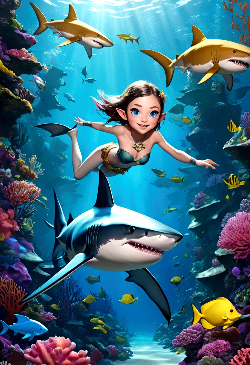 Fantasy Undersea,Shark elf girl has a shark-like appearance,blue eyes,Sharp fangs,Squamous skin, Shark fin feature on back,Perfect proportion, Beautiful Body,View from behind,,Floating in seaweed underwater fantasy scene, coral, And tropical fish, Detailed and realistic 3D rendering, light, Bright colors, Concept art style