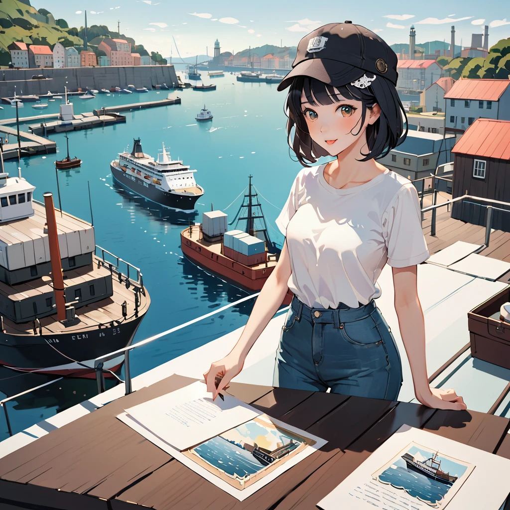 (((paper cutting style))), 1 girl, short black hair, cap, shirts and denim, portfolio, harbor and ship