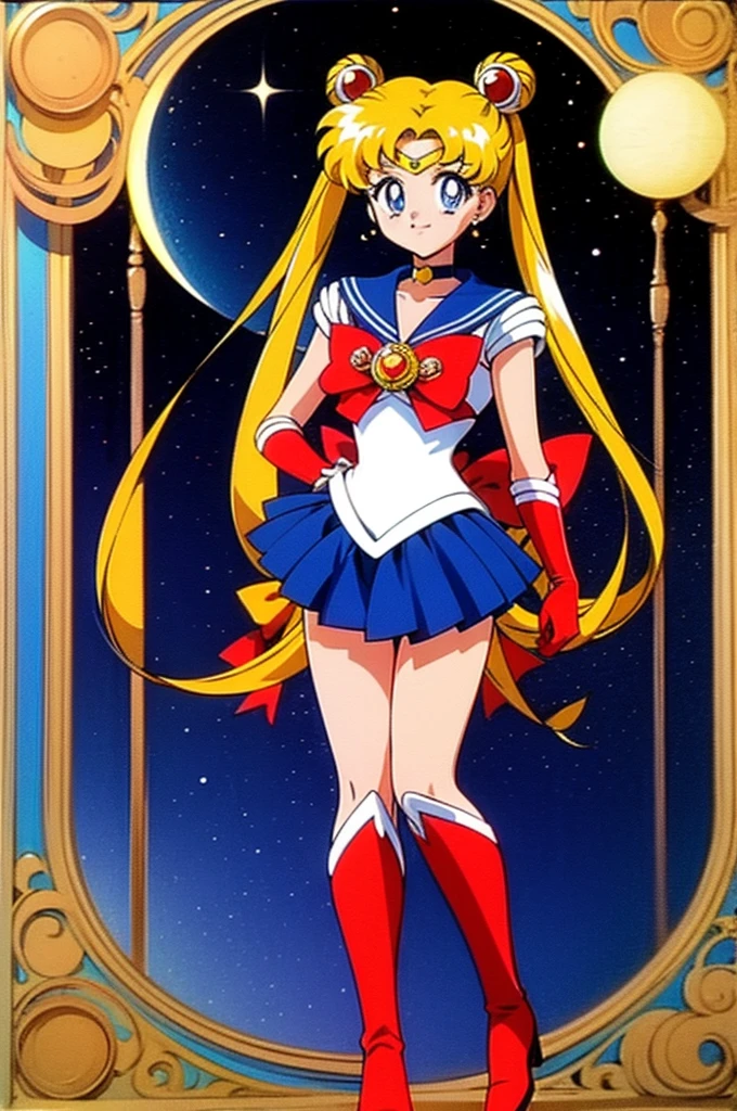 masterpiece, best quality, 1girl, solo, looking at viewer, anime screencap,1990s \(style\), (art by Naoko Takeuchi), EPsmSailorMoon, blonde hair, blue eyes, long hair, very long hair, twintails, hair bun, double bun, miniskirt, choker, bow, crescent earrings, starry sky, knee boots, red choker, white gloves, moon, red bow, sky, magical girl, elbow gloves, star (symbol), closed mouth, earrings, full body, back bow, jewelry, boots, star (sky), sailor senshi uniform, crescent, crescent moon, blue sailor collar, smile, gloves, sailor collar, blue skirt, red footwear, skirt, pleated skirt, standing, idle, hands down