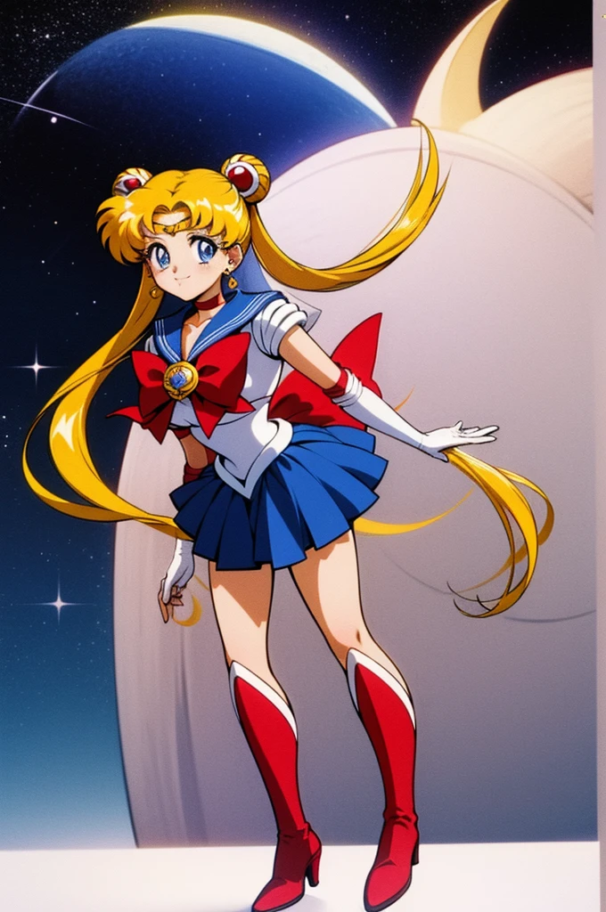 masterpiece, best quality, 1girl, solo, looking at viewer, anime screencap,1990s \(style\), (art by Naoko Takeuchi), EPsmSailorMoon, blonde hair, blue eyes, long hair, very long hair, twintails, hair bun, double bun, miniskirt, choker, bow, crescent earrings, starry sky, knee boots, red choker, white gloves, moon, red bow, sky, magical girl, elbow gloves, star (symbol), closed mouth, earrings, full body, back bow, jewelry, boots, star (sky), sailor senshi uniform, crescent, crescent moon, blue sailor collar, smile, gloves, sailor collar, blue skirt, red footwear, skirt, pleated skirt, standing, idle, hands down