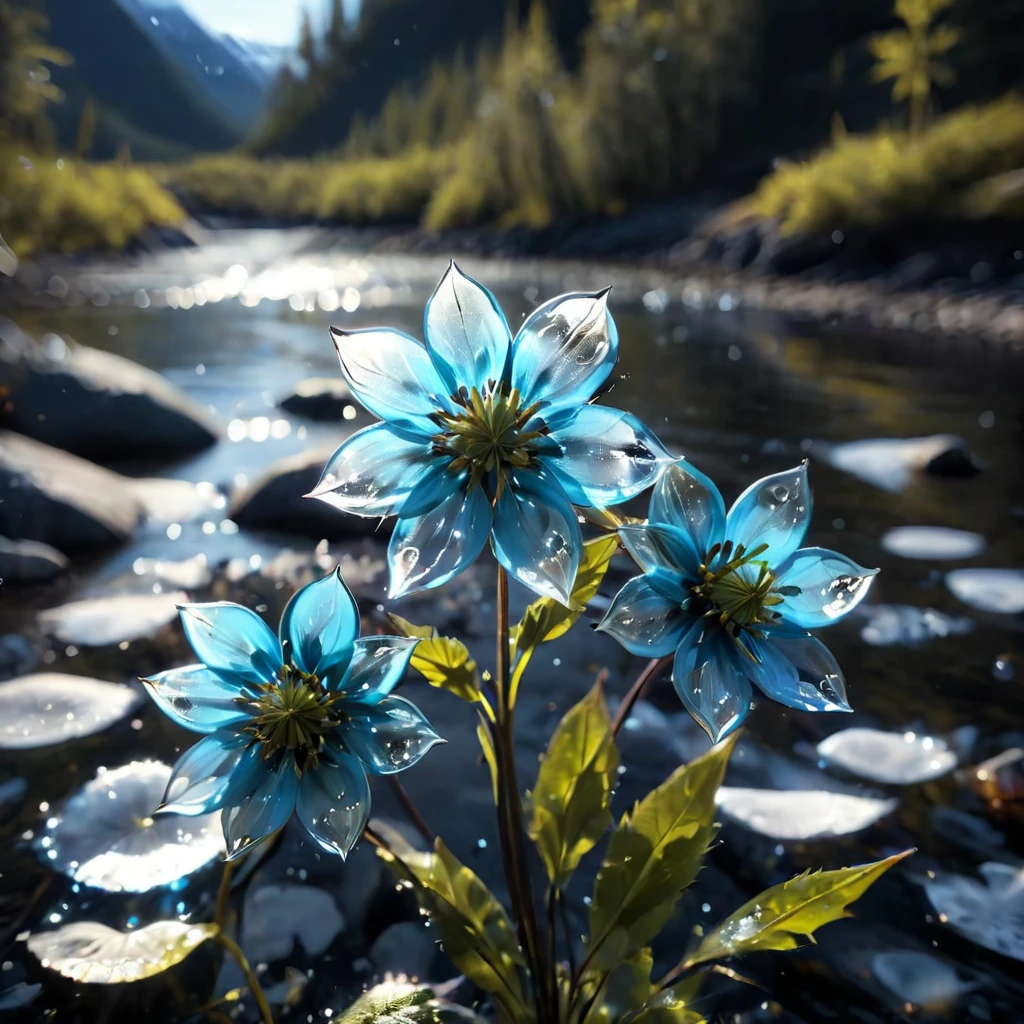 Cinematic still of a few beautiful pale blue glass flowers made out of glass in an Alaska River. Shallow depth of field, Vignette, Very detailed, High budget, Bokeh, CinemaScope, Sulky, amazing, nice, Film Grain, granular, ガラスof破片, Breaking Glass, ,ガラスof破片,Fragments are created_of_piece_broken_ガラスof光of粒子, focus on flowers, strengthened