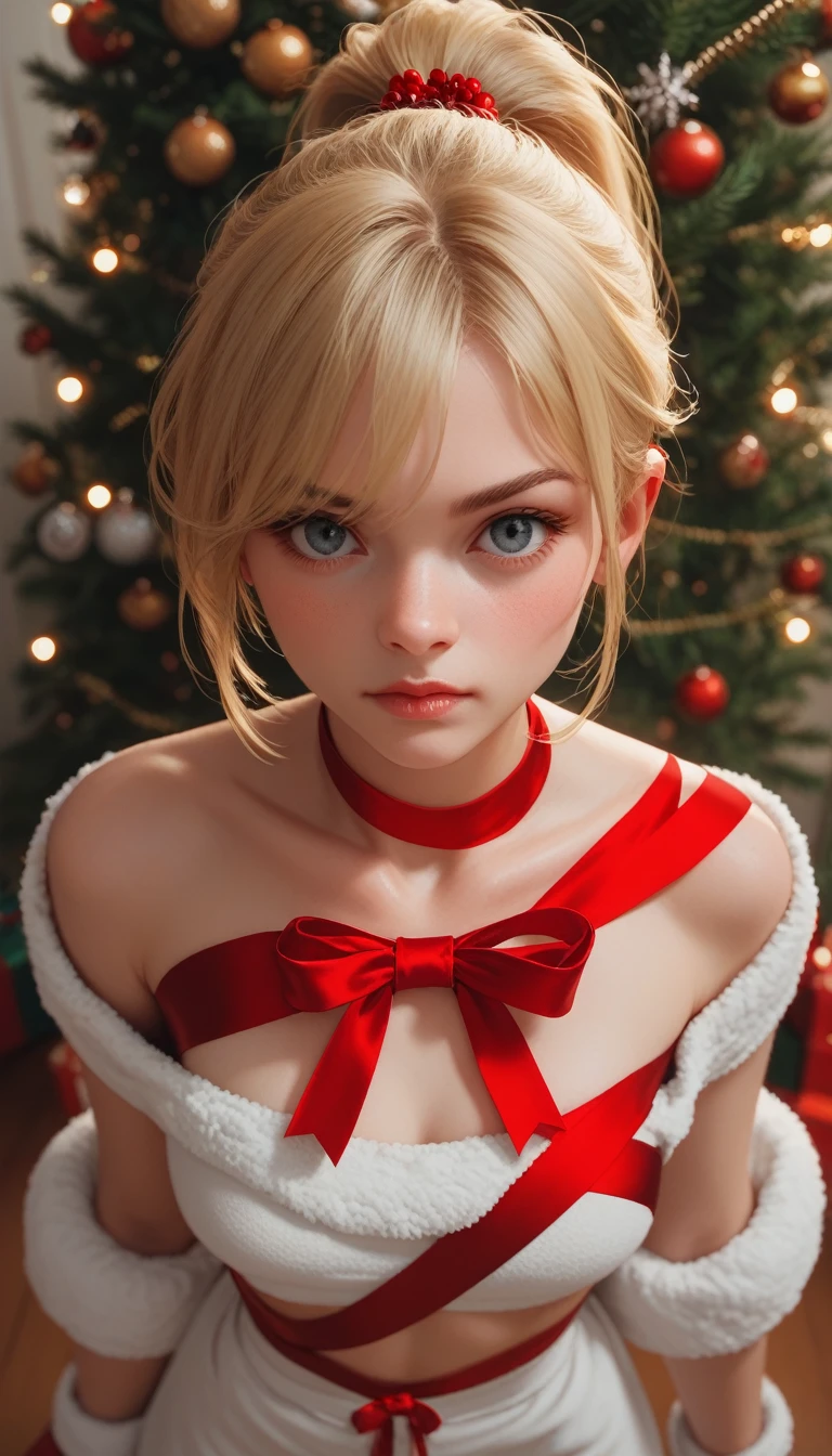 cinematic film still Fraction_9, Fraction_8_Direction_7_up, 1 Girl, Blonde hair, Ponytail, Christmas tree, Girl wrapped in a red ribbon, Front view, from above, Variza,nsfw,
