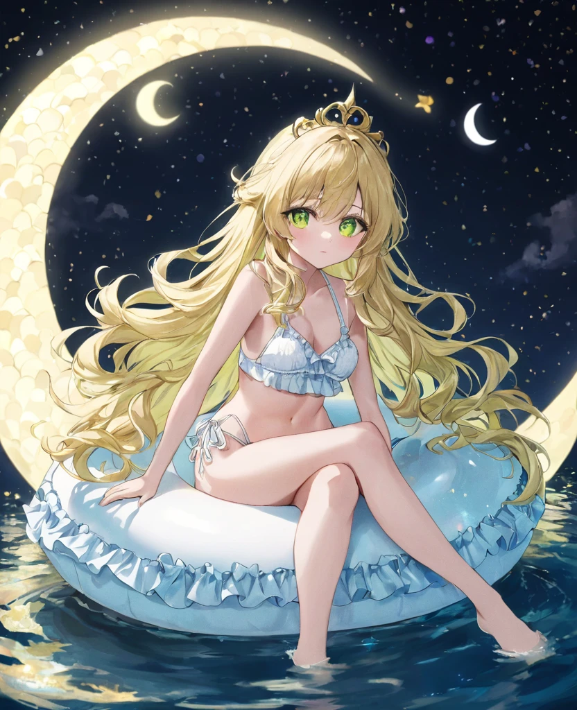 (masterpiece, best quality:1.2), (absurdres, highres, ultra-detailed), (perfect anatomy),
Beautiful woman、Night Pool、Riding on a cute float、Blonde、Fluffy longhair、Yellow-green eyes、Background glitter、night、Crescent Moon、heart、White frilly swimsuit
(8K, RAW photo:1.2),detailed face and eyes,intricate detail ,masterpiece ,sharp focus, high quality,BREAK,rating: general, newest