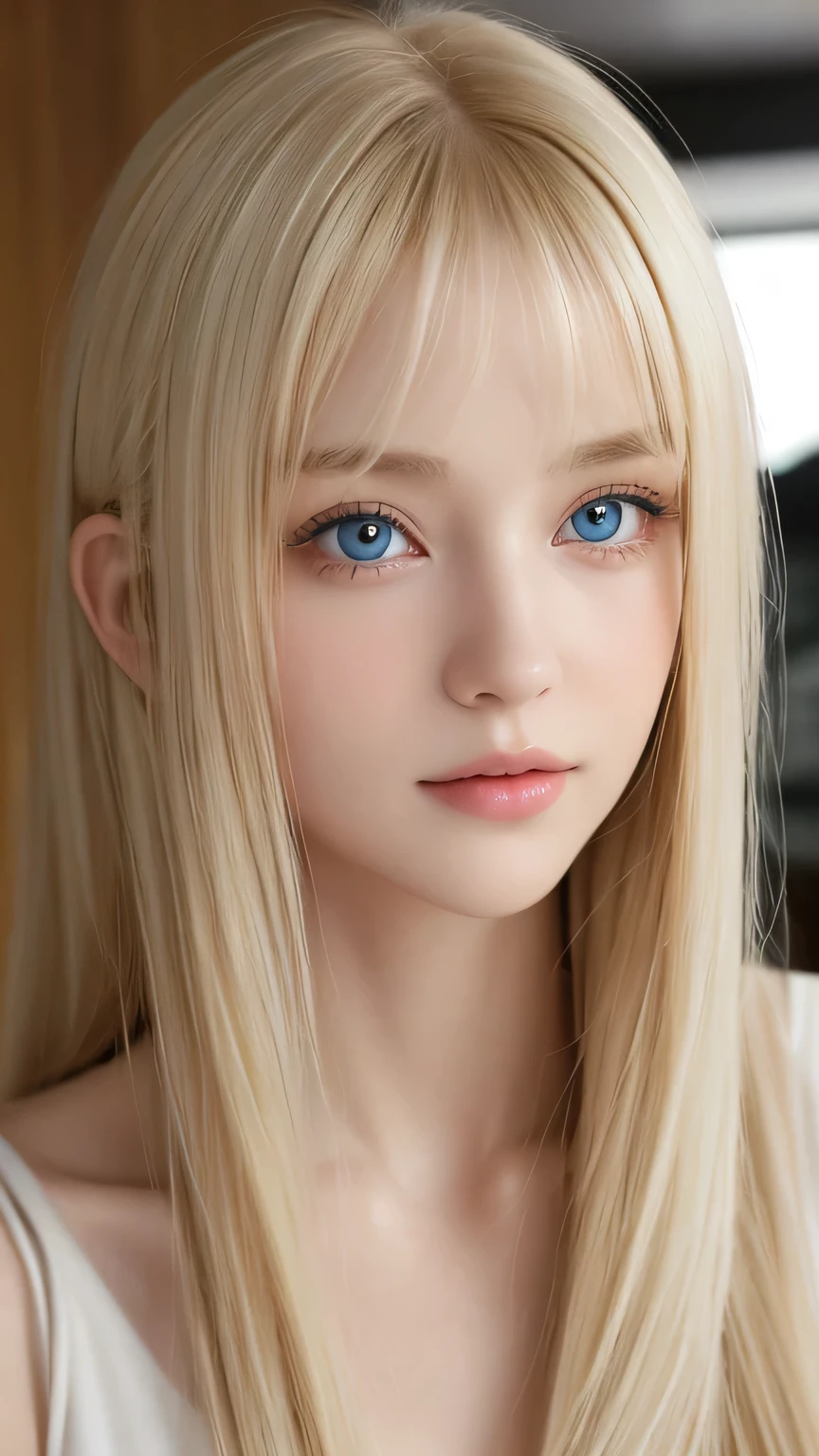 Highest quality、masterpiece、(Realistic:1.4)、One very beautiful blonde girl、Dazzlingly long, super long straight silky platinum blonde、Bangs between the eyes、bangs on the face、Big, very bright light blue eyes that shine so beautifully、Very big eyes、front、Detailed face、Beautiful Eyes、Very white and bright, beautiful skin、Small Face Beauty、14 year old beautiful girl、Cheek gloss highlighter、Round face