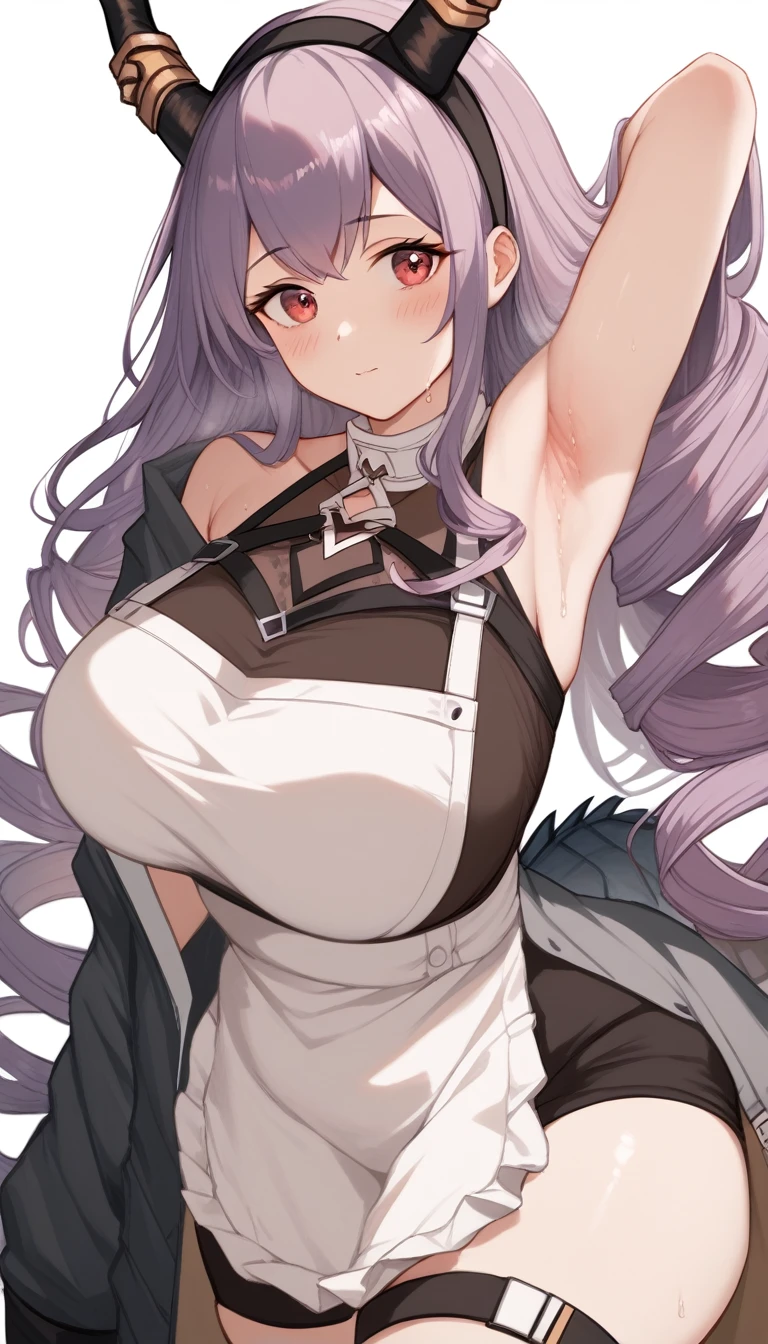 16K,typhon \(arknights\), 1girl, long hair, very long hair, purple hair, sidelocks, drill hair, twin drills, red eyes), black hairband, horns, sweater,apron,blush,(((big breast))),arm up,((armpit focus)),Plump Armpits,Thick armpits,Drawn armpits,Armpit sweat,shiny skin,(((thick thighs)))