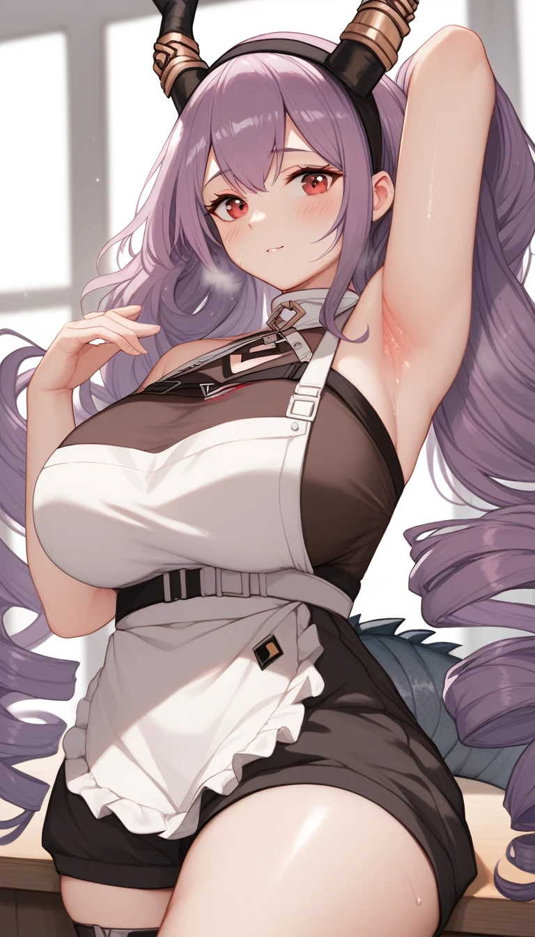 16K,typhon \(arknights\), 1girl, long hair, very long hair, purple hair, sidelocks, drill hair, twin drills, red eyes), black hairband, horns, sweater,apron,blush,(((big breast))),arm up,((armpit focus)),Plump Armpits,Thick armpits,Drawn armpits,Armpit sweat,shiny skin,(((thick thighs)))