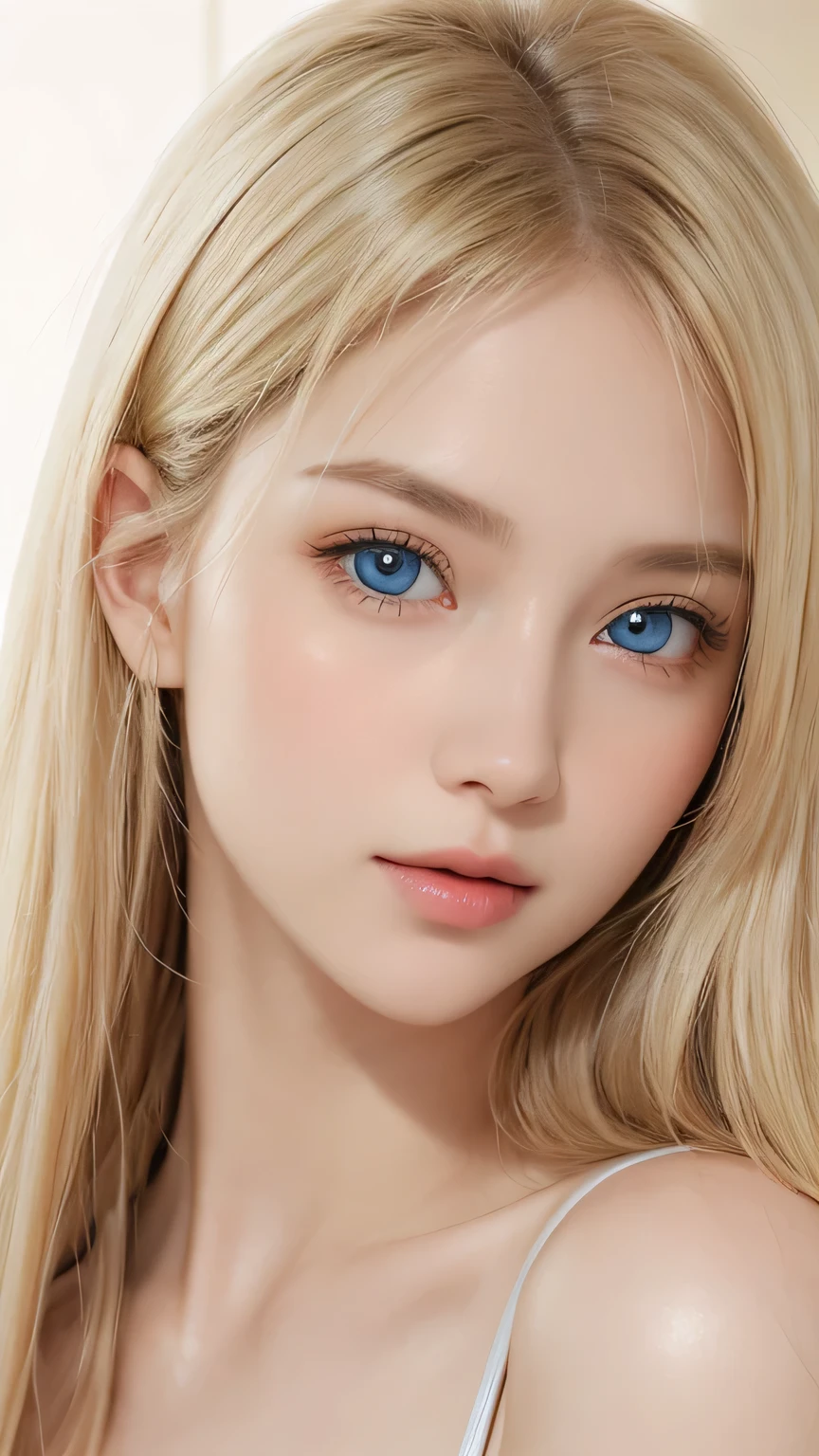 Highest quality、masterpiece、(Realistic:1.4)、One very beautiful blonde girl、Dazzlingly long, super long straight silky platinum blonde、Bangs between the eyes、bangs on the face、Big, very bright light blue eyes that shine so beautifully、Very big eyes、front、Detailed face、Beautiful Eyes、Very white and bright, beautiful skin、Small Face Beauty、 beautiful girl、Cheek gloss highlighter、Round face