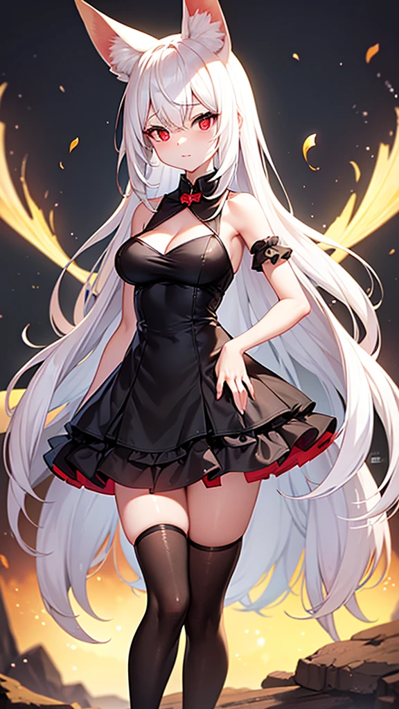 An adult woman, half fennec fox, white hair, red eyes, wide breasts, very cute, standing, in a black dress