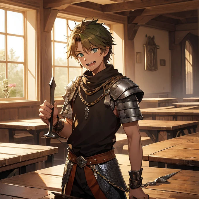 (absurdres, best high quality image, carefuly detailed features and textures, very detailed image, solo character alone, full character body and design): {{(1character:  male aesir viking boy), (green eyes, tanned skin, short spiky brown hair, white teeth, slender teenage body), (chain mail shirt, orange short pants), (happy expression, laughing funny, jumping cheerful), (steel made viking castle interiors, viking hall with long tables, walls adorned with golden swords and golden axes)}}