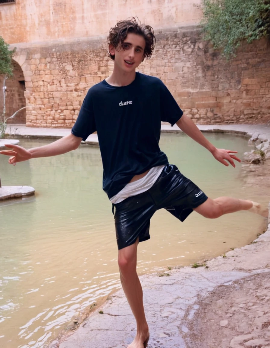 Timothée Chalamet, sweaty teen boy, in water, in outside Alhambra castle in Spain, no clothing, far from camera, whole body, braces, age 19, wavy tiktok hair, boxer, bare feet, wearing no t-shirt topless, Alhambra castle in Spain, short fine armpit hair, flexing, in the water, veiny arms, cute, tall, lean, not muscular, wispy pubes, muscular teen boy masterpiece, high resolution, feet visible, no shoes, very dirty feet, skinny, tall, foot fetish, tall boy, teen boy, braces, best quality, sticky armpit hair, sticky, glue on floor, wet floor, sticky clothes, drops on underwear, drops on shorts, sticky on shorts, drops on floor, sweaty face, sweaty hair, Dune by Herbert, Science fiction
