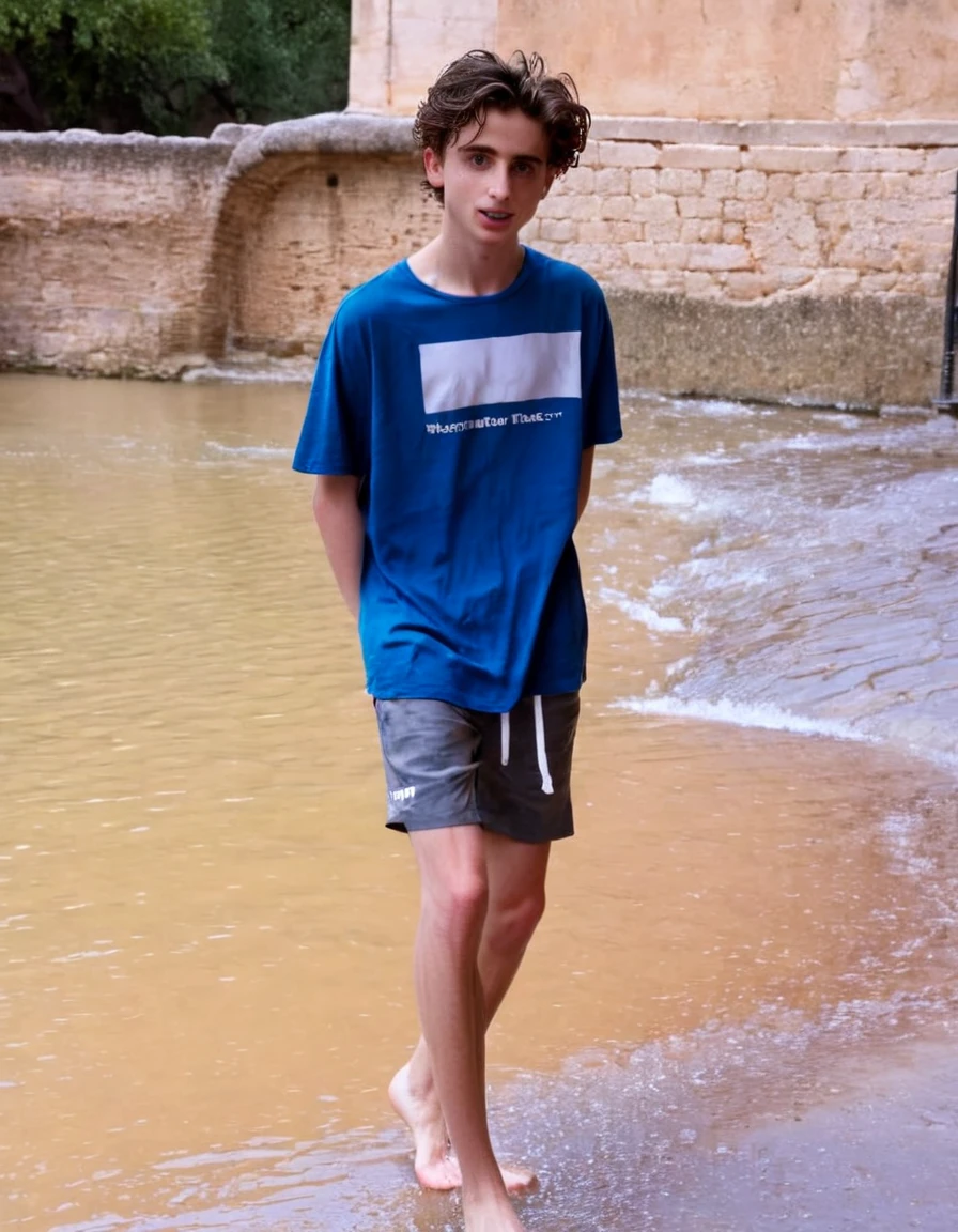 Timothée Chalamet, sweaty boy, in water, in outside swiss sauna, no clothing, far from camera, whole body, braces, age 19, wavy tiktok hair, boxer, bare feet, wearing no t-shirt topless, swiss Alps thermal baths, short fine armpit hair, flexing, in the water, veiny arms, cute, tall, lean, not muscular, wispy pubes, muscular teen boy masterpiece, high resolution, feet visible, no shoes, very dirty feet, skinny, tall, foot fetish, tall boy, teen, braces, best quality, sticky armpit hair, sticky, glue on floor, wet floor, sticky clothes, drops on underwear, drops on shorts, sticky on shorts, drops on floor, sweaty face, sweaty hair, Dune by Herbert, Science fiction