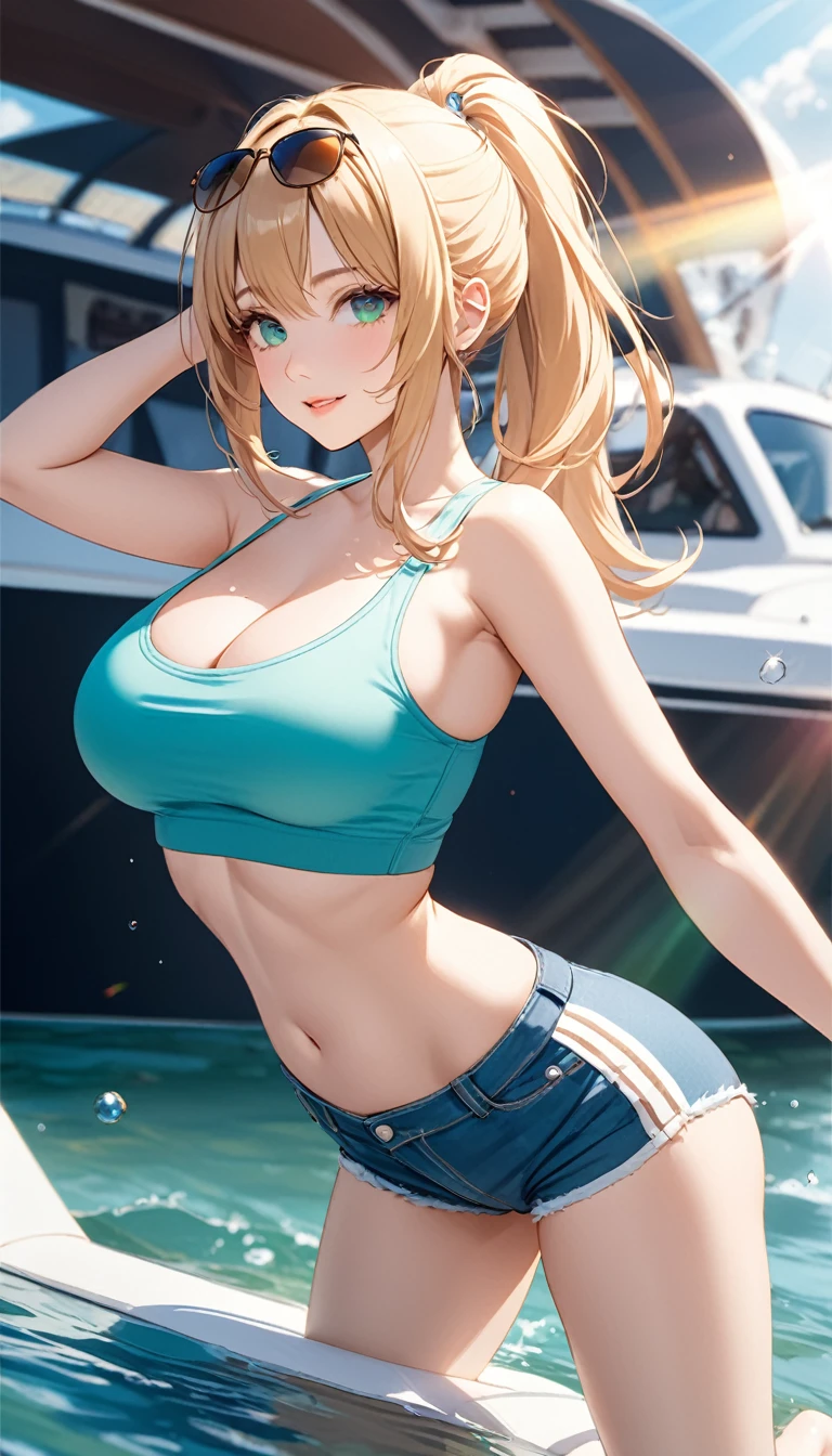 Highest quality、Best image quality、masterpiece、One Girl、26 years old、Best Bust、Big Breasts、Beautiful Eyes、Blonde, Green Eyes、ponytail、Natural smile、cowboy shot, Sexy pose, Seductive pose, crop top, hot pants, Put your sunglasses on your forehead、Ass Focus、On the cruiser、blue sea、Natural sunlight、Lens flare、Shallow depth of field、