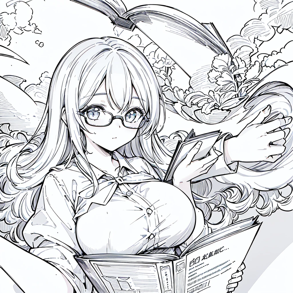 A girl,close up, wearing white shirt, reading a book, (best quality:1.3), (highres:1), (detailed:1.3), (incredible:1.3), (perfect:1.3), (perfection:1.3), (illustration:1.3), she's getting fun while reading it, dynamic on scene,Big Breasts、Glasses