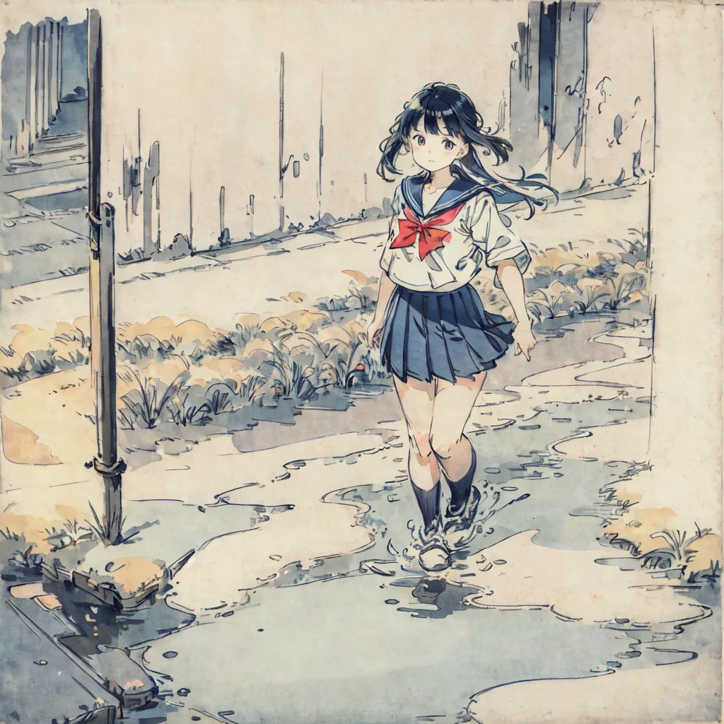 finely detailed illustration, vibrant color, best quality, masterpiece, One beautiful girl、cute、very cute、(Sailor suit、navy_blue long pleated skirt:1.1), holding, Winters、purely、Neon City、nostalgic, night