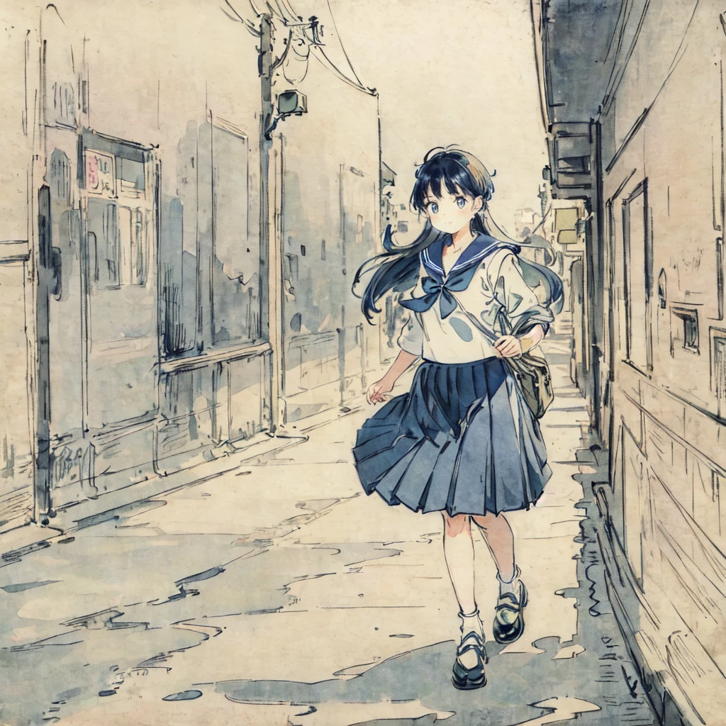 finely detailed illustration, vibrant color, best quality, masterpiece, One beautiful girl、cute、very cute、(Sailor suit、navy_blue long pleated skirt:1.1), holding, Winters、purely、Neon City、nostalgic, night